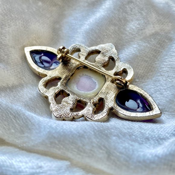 Amethyst & Satin Pink Opalescent Czech Glass Brooch - Picture 3 of 3